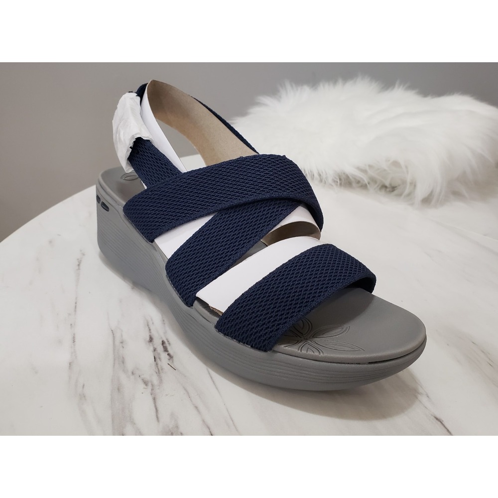 SZ 10 Skechers Pier Lite Night Owl 163433-MOC Womens Strappy Navy Wedge Sandal